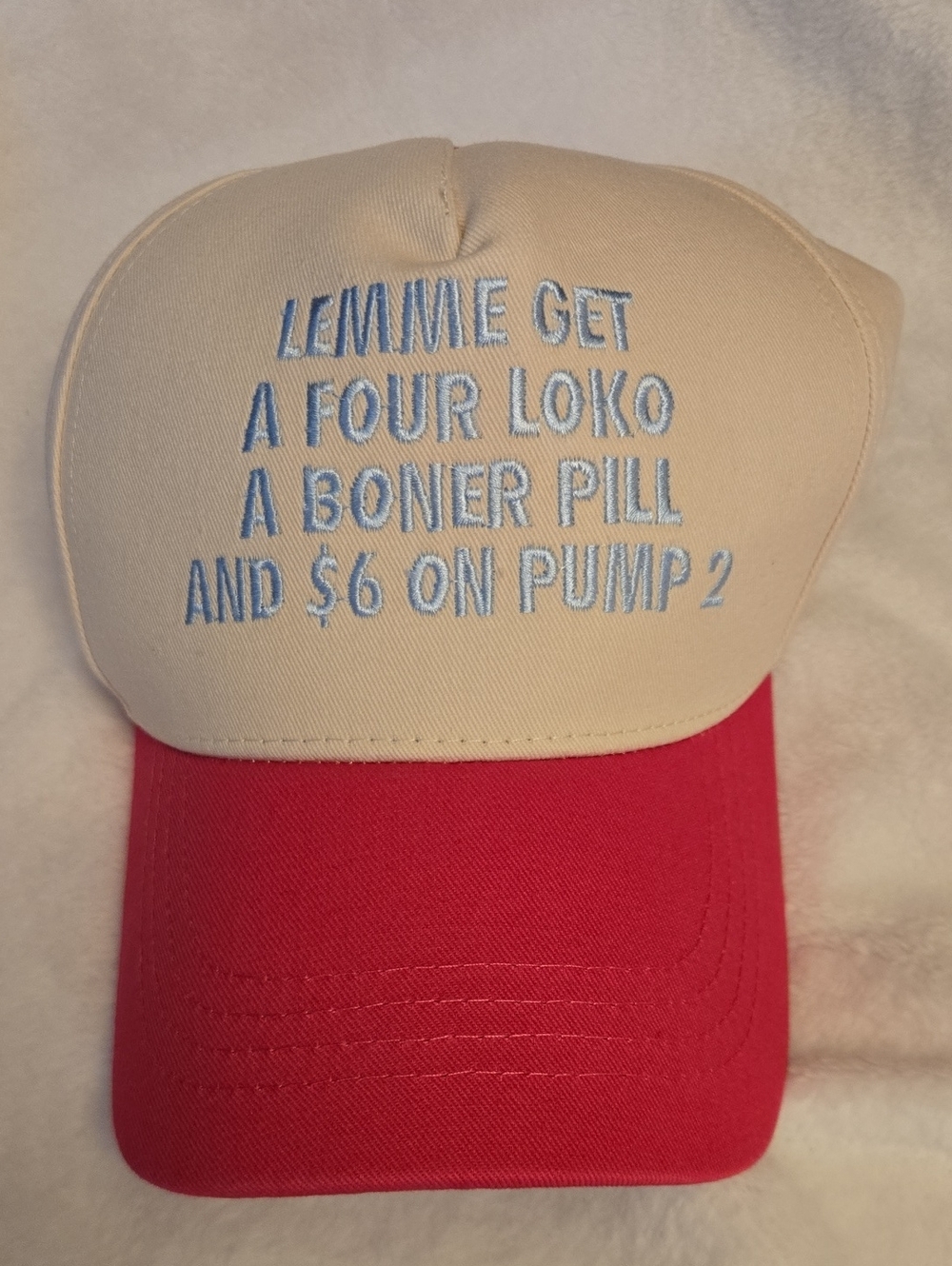 Cream and Pink Embroidered Trucker Hat